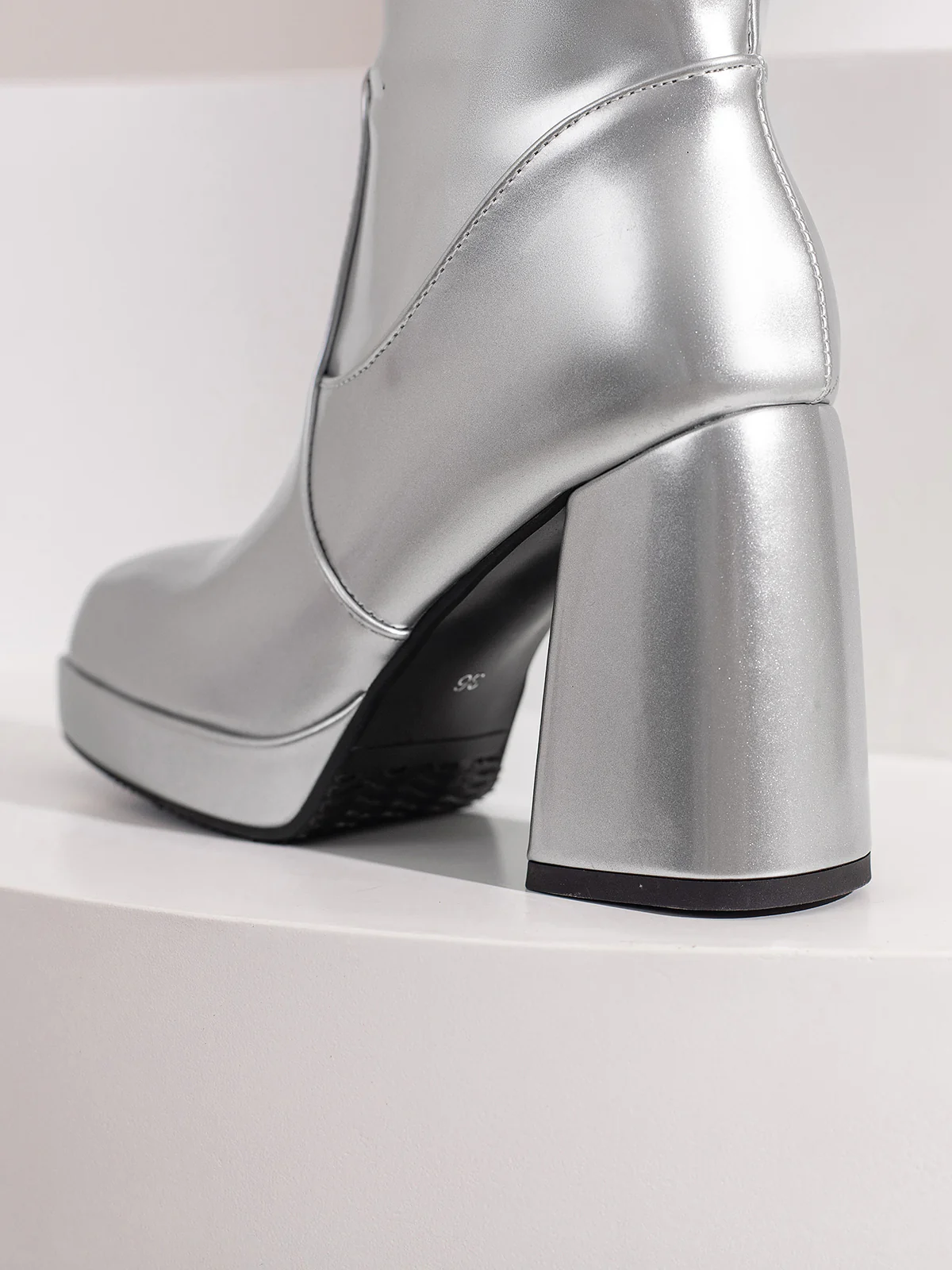 Patent Leather Round Toe Solid High Heel Boots - Image 31
