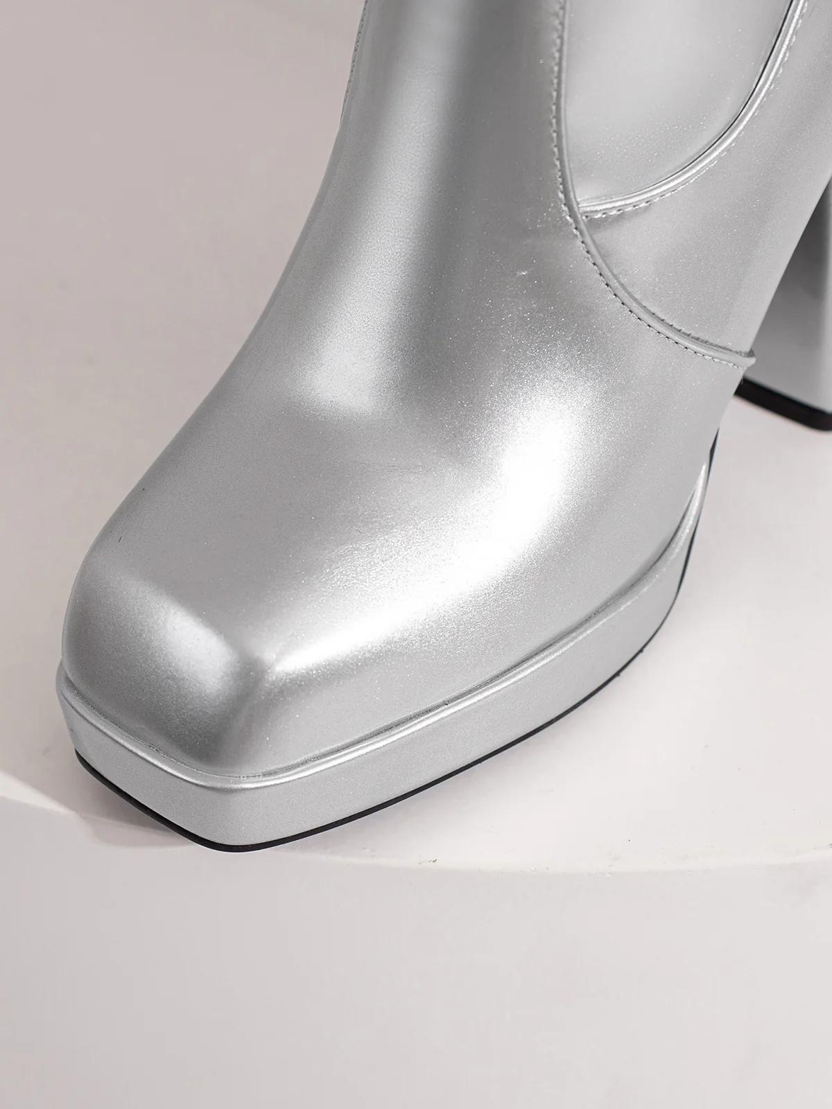 Patent Leather Round Toe Solid High Heel Boots - Image 32
