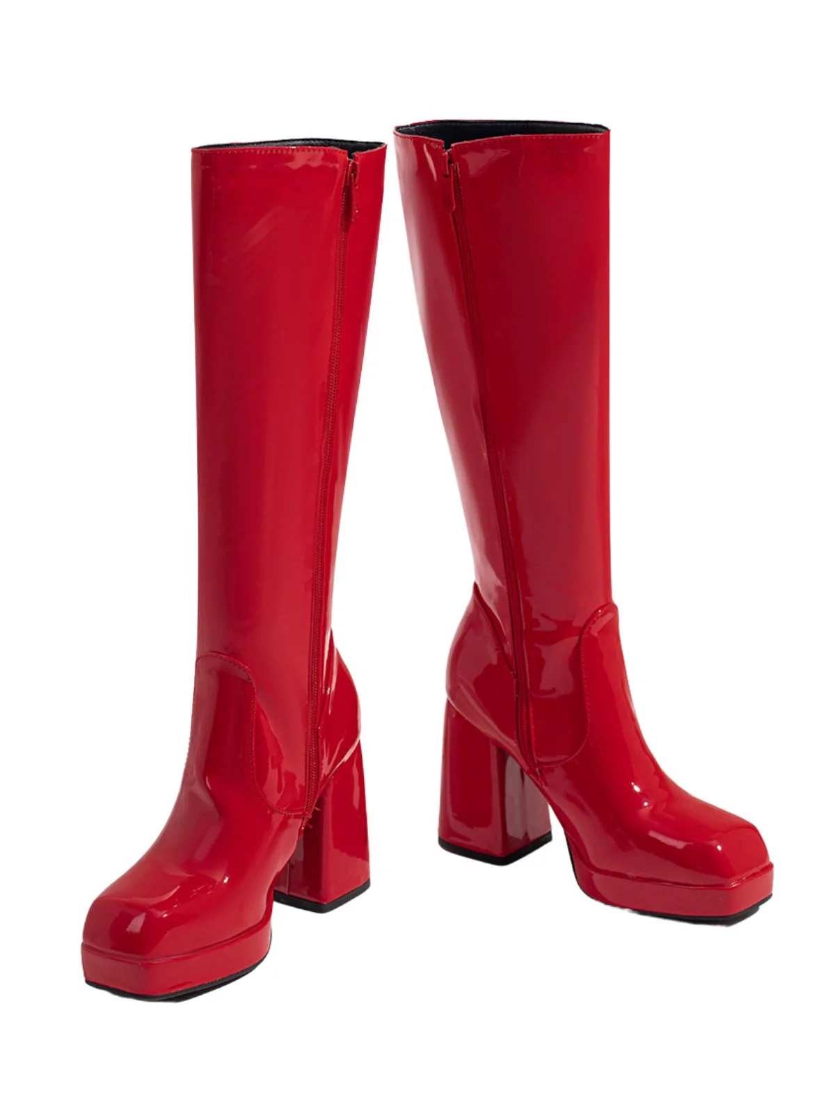 Patent Leather Round Toe Solid High Heel Boots - Image 5