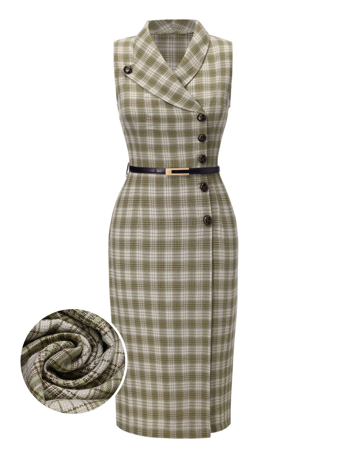 Pea Green 1960s Lapel Buttoned Tartan Dress - Image 2