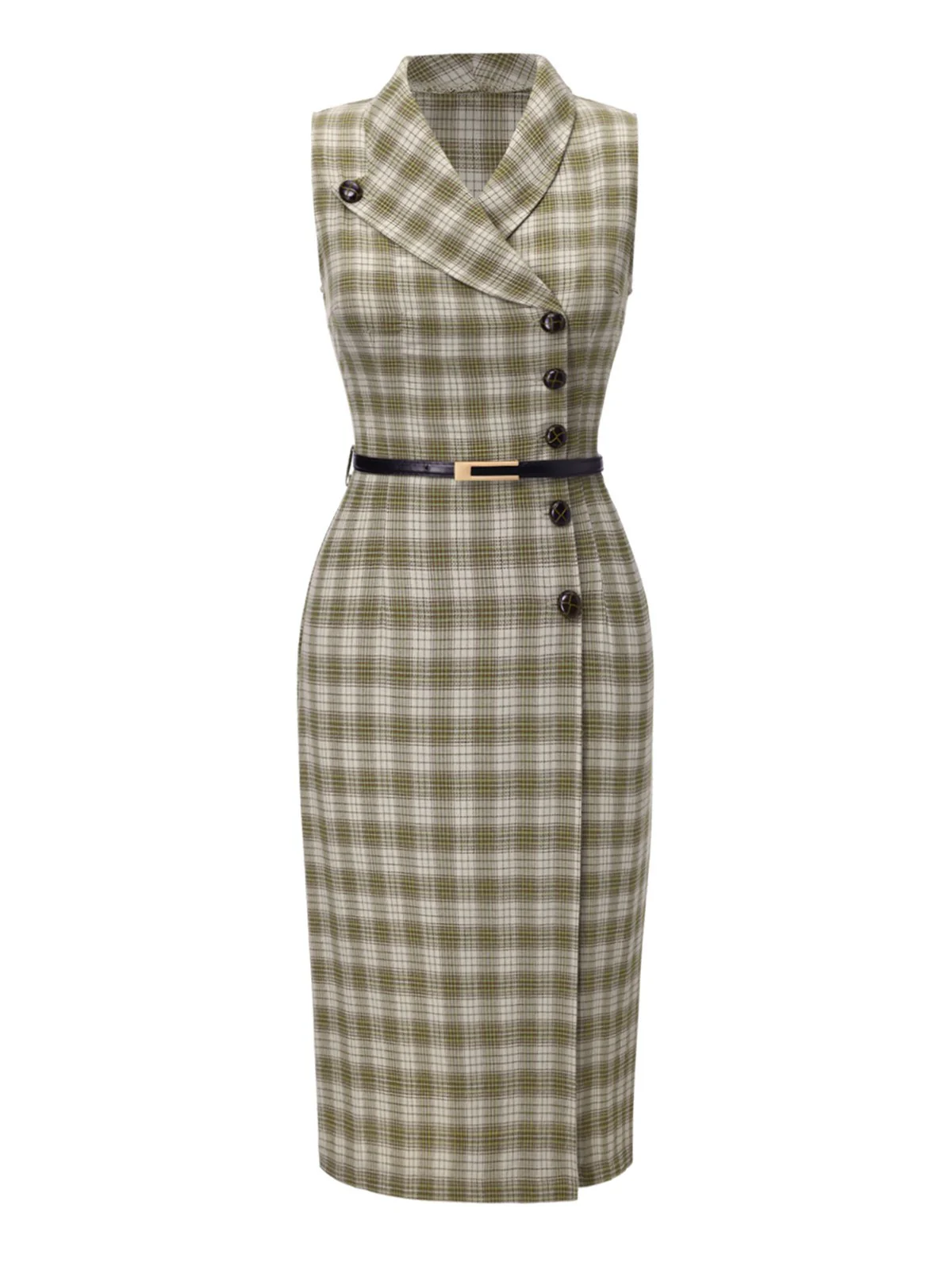 Pea Green 1960s Lapel Buttoned Tartan Dress - Image 3