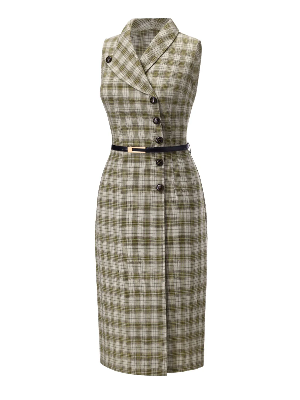 Pea Green 1960s Lapel Buttoned Tartan Dress - Image 4