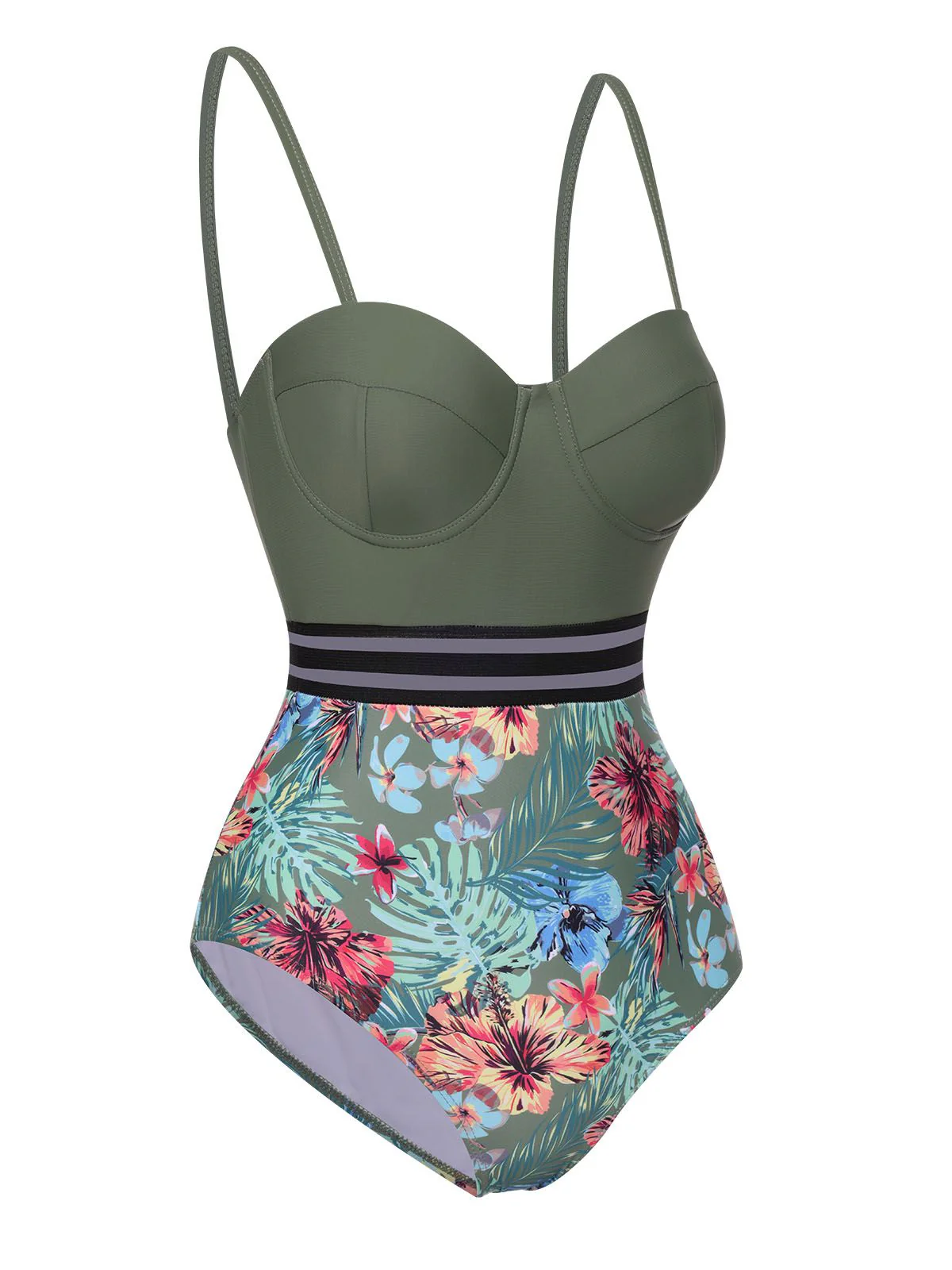 Green 1970s Tropical Patchwork Strap Swimsuit - Image 3
