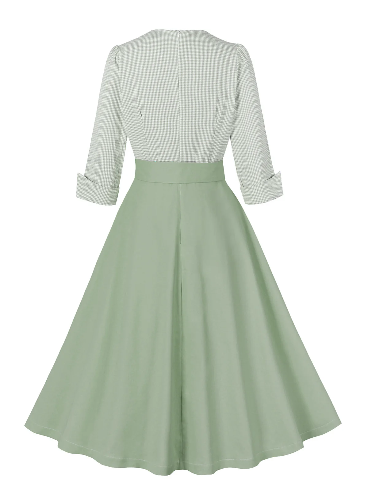 Pea Green Grey 1950s Plaid Roll Up Belt Dress - Image 2