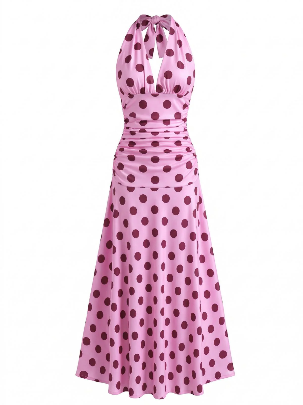 Peach Pink 1930s Polka Dot V-Neck Halter Midi Dress - Image 2