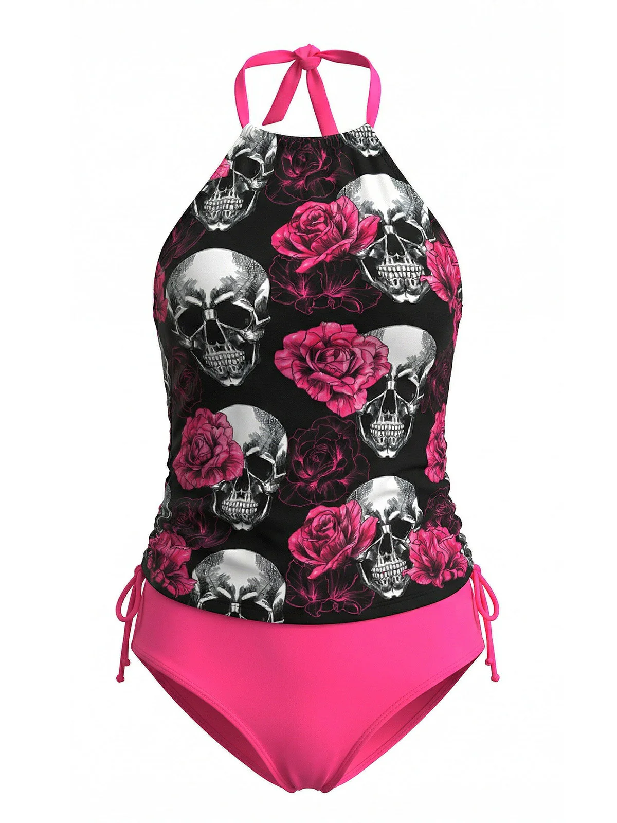 Peach Pink 1980s Skull Rose Print Tankini Set - Image 2