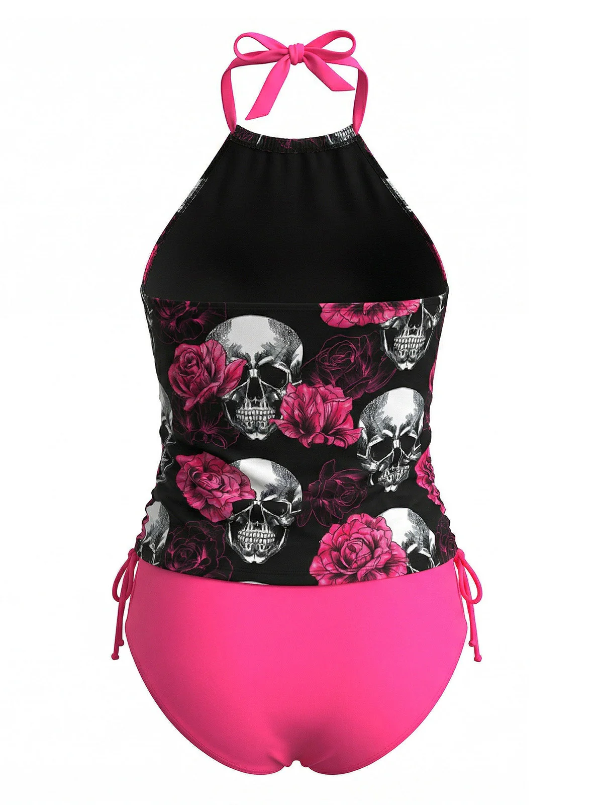 Peach Pink 1980s Skull Rose Print Tankini Set - Image 3