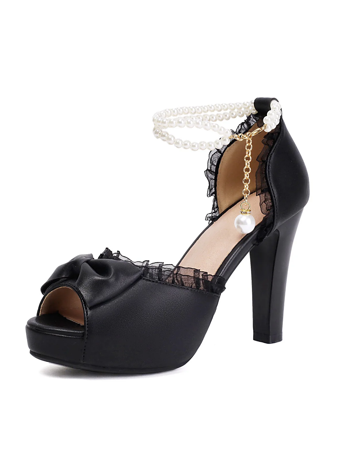 Pearl Bow Lace Peep Toe High Heels Sandals - Image 7