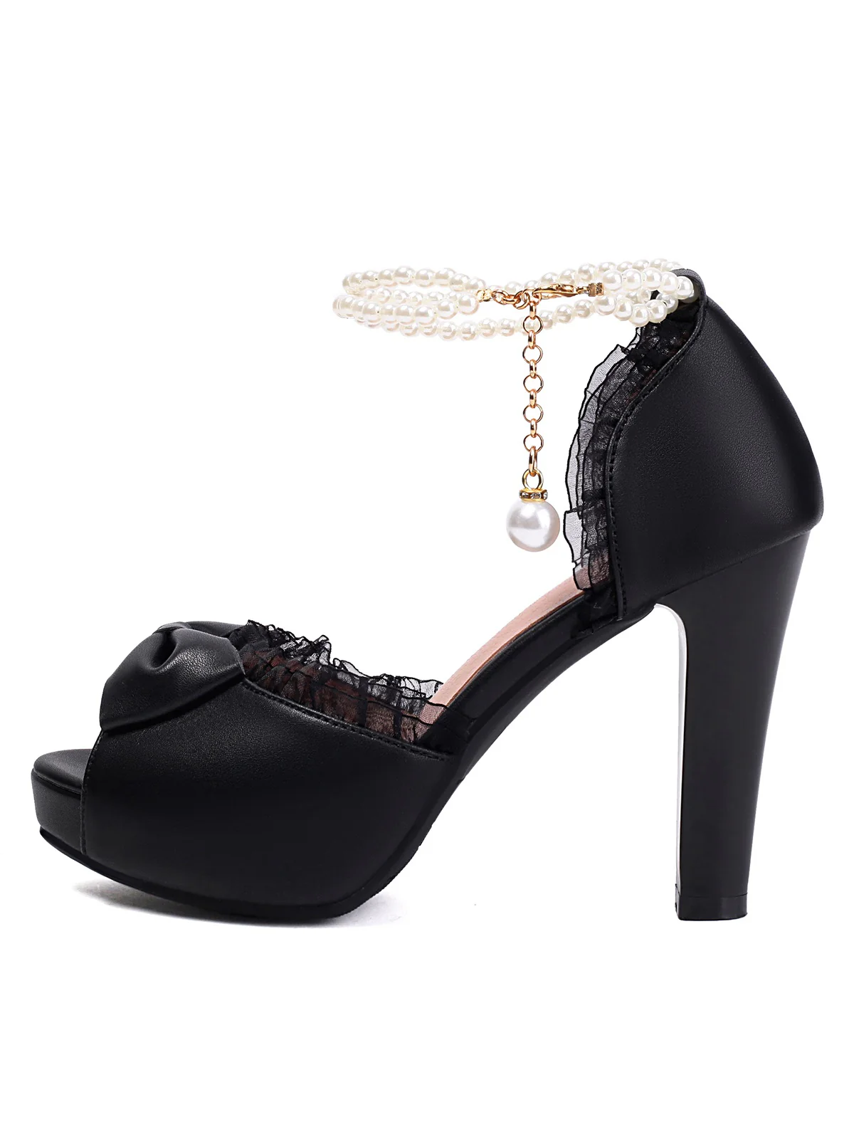 Pearl Bow Lace Peep Toe High Heels Sandals - Image 8