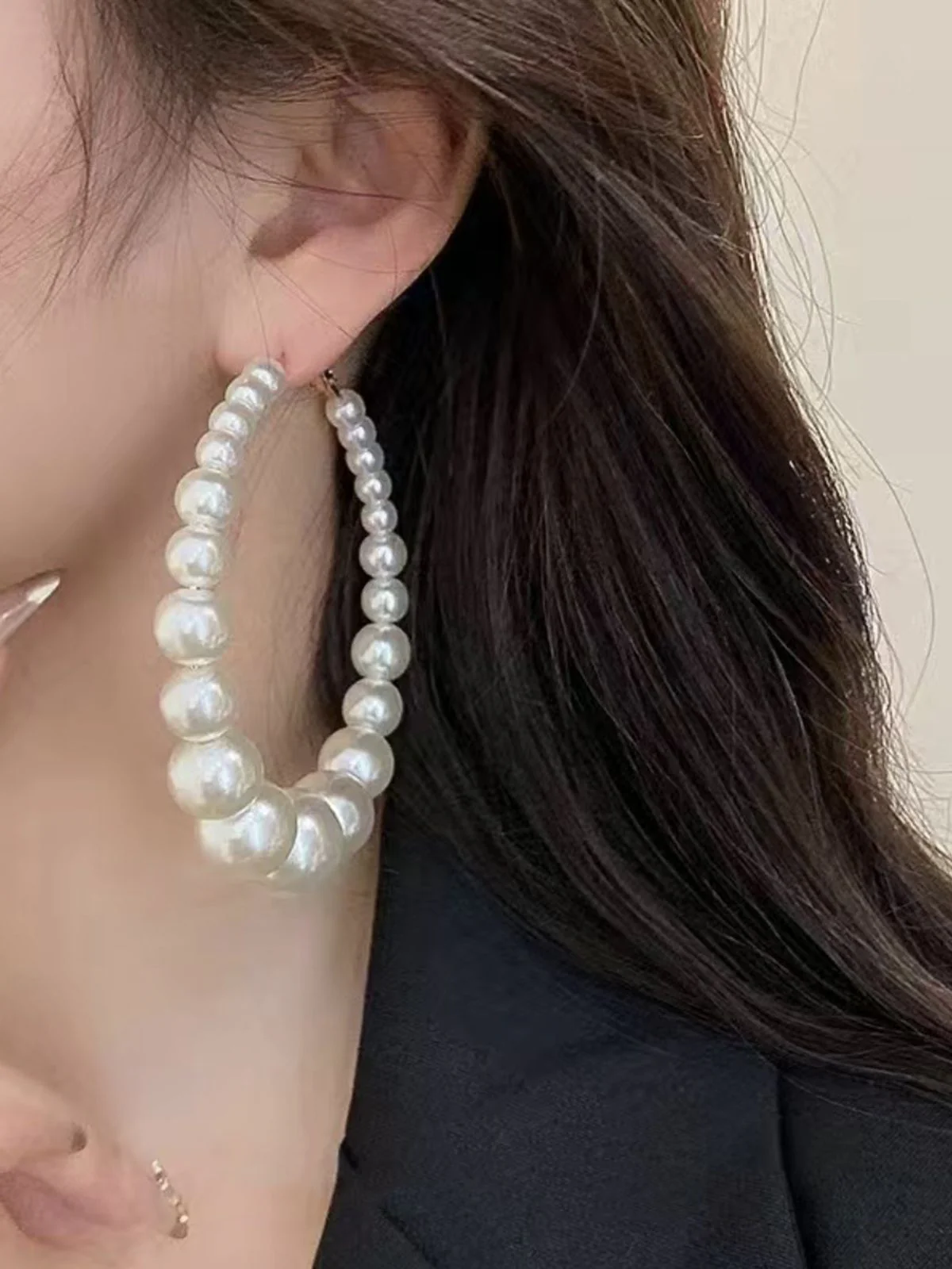Pearl Large Hoop Vintage Earrings - Image 2