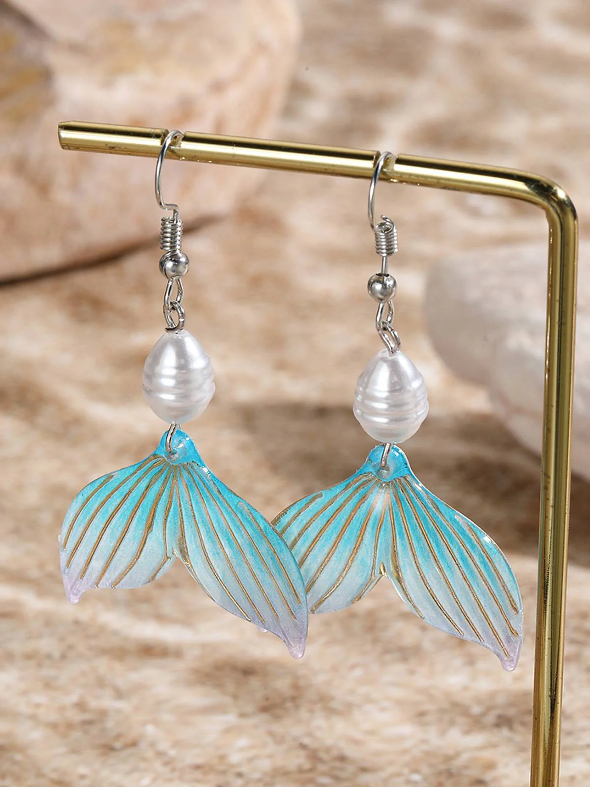 Pearl Mermaid Tail Seashell Dangle Earrings - Image 2