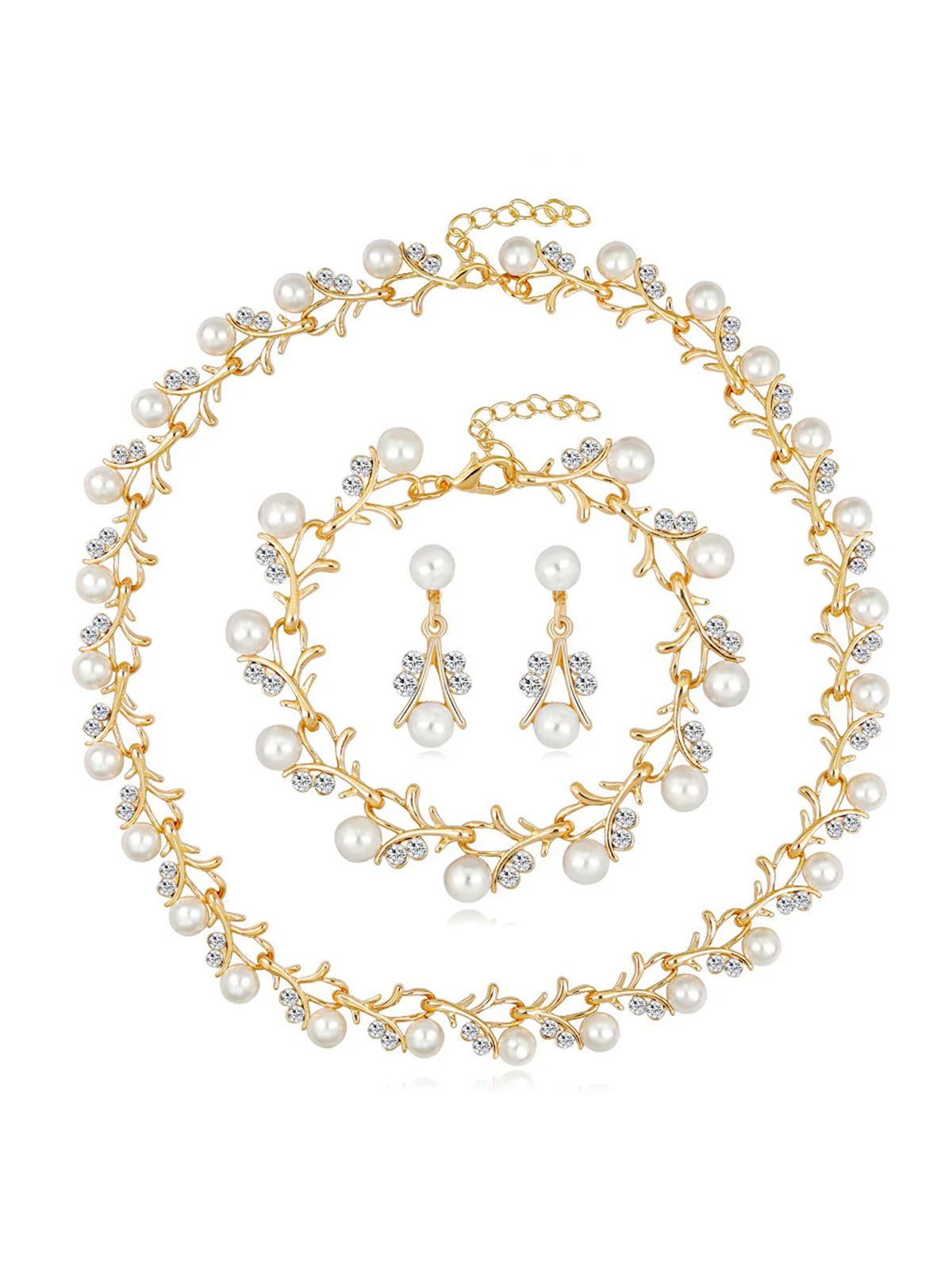 Pearl Rhinestones Vine Shape Necklace & Bracelet & Earrings Set - Image 2