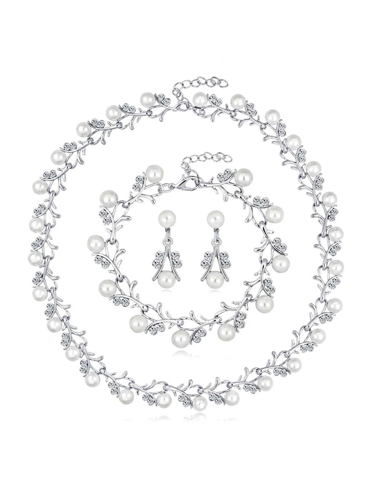 Pearl Rhinestones Vine Shape Necklace & Bracelet & Earrings Set - Image 3
