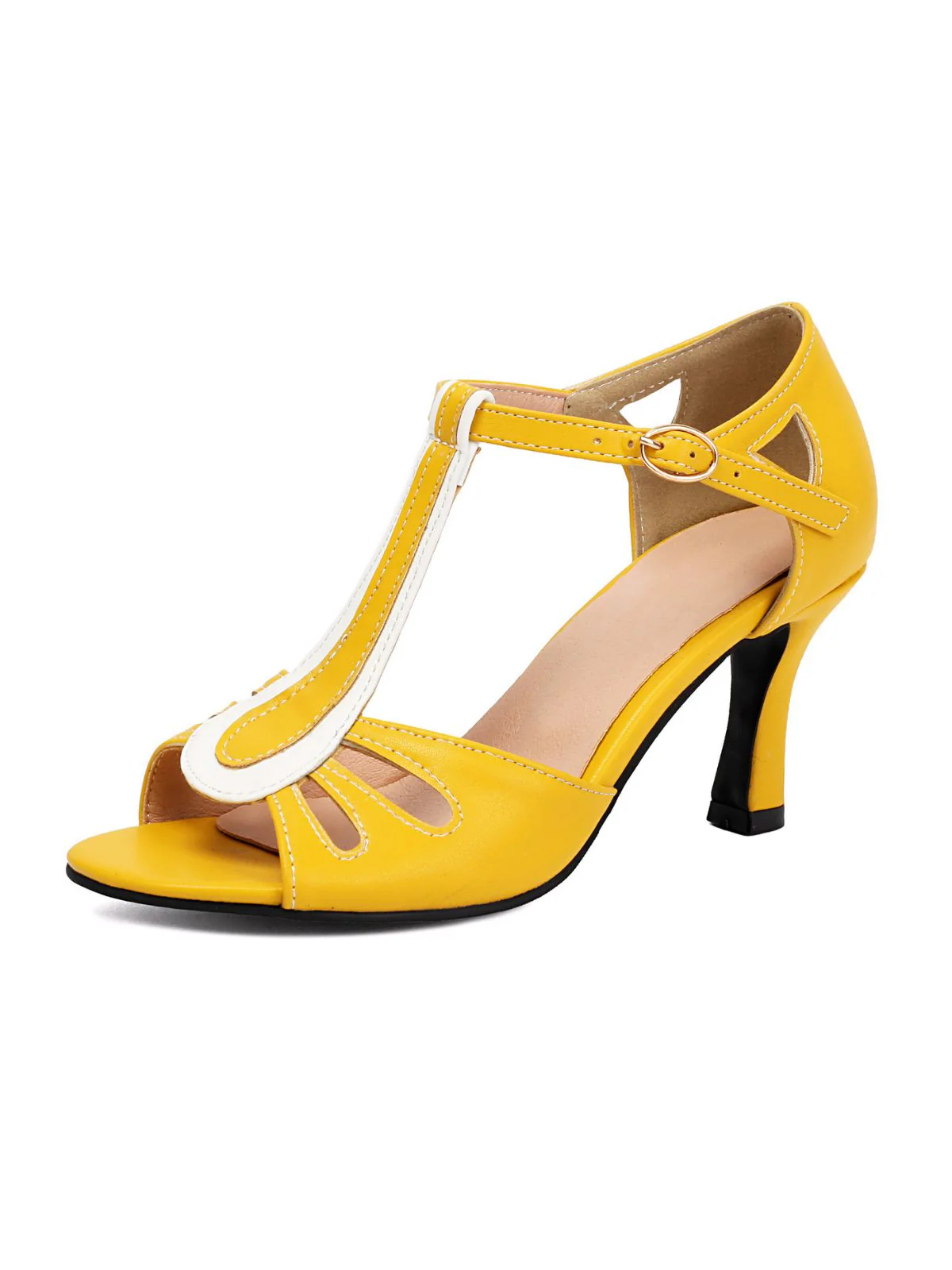 Peep Toe Hollow Out Colorblock T-Strap Heels - Image 11