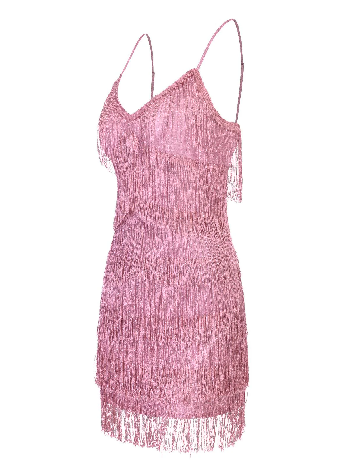Pink 1920s Spaghetti Strap V-Neck Fringe Dress - Image 2