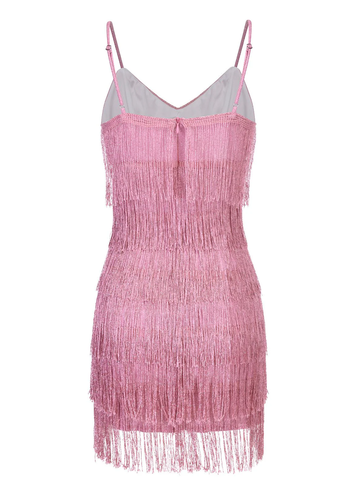 Pink 1920s Spaghetti Strap V-Neck Fringe Dress - Image 3