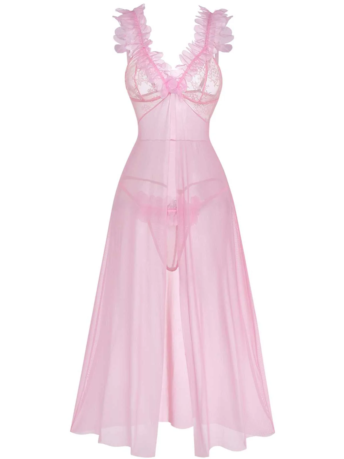 Pink 1930s 3D Floral Sheer Mesh Lace Lingerie Set - Image 2