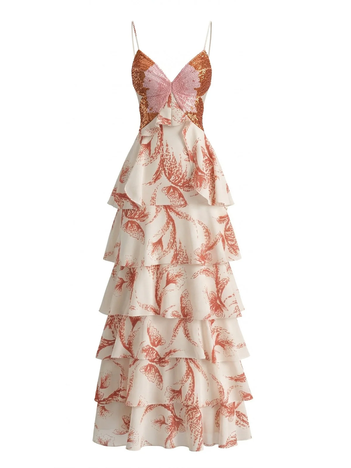 Pink 1930s Butterfly Tiered Ruffle Spaghetti Strap Maxi Dress - Image 2