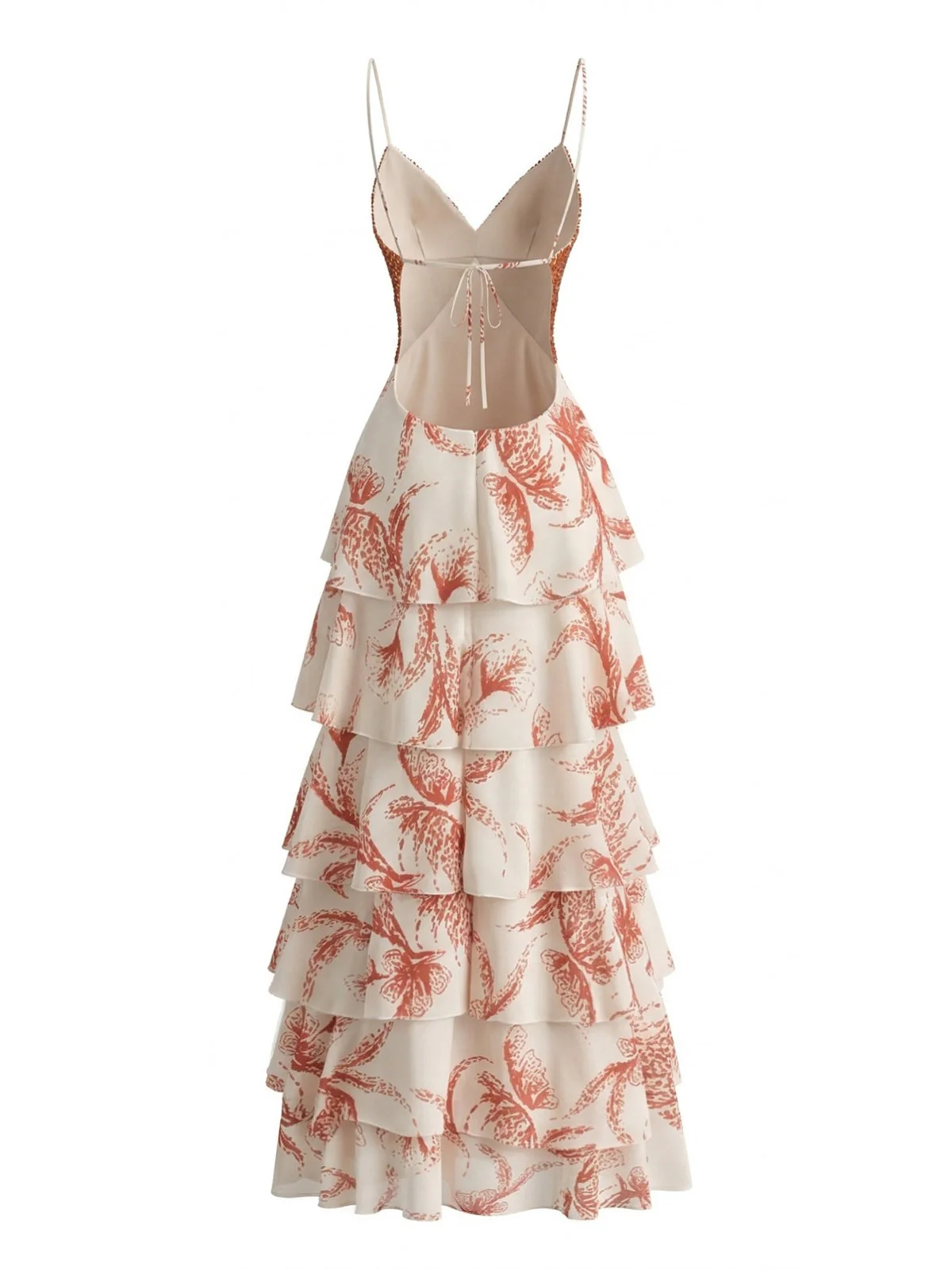 Pink 1930s Butterfly Tiered Ruffle Spaghetti Strap Maxi Dress - Image 3