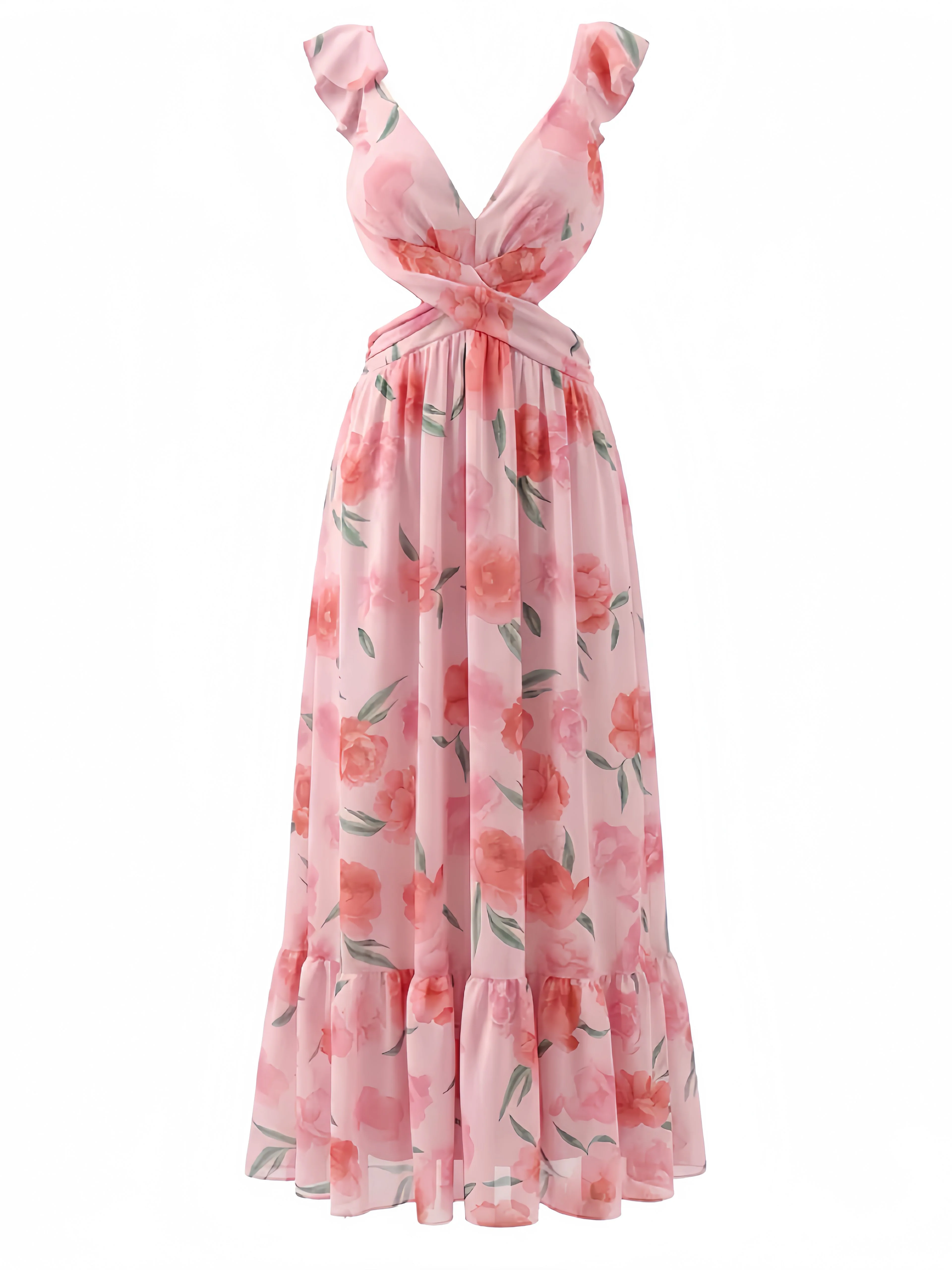 Pink 1930s Floral Chiffon Deep V Backless Maxi Dress - Image 2