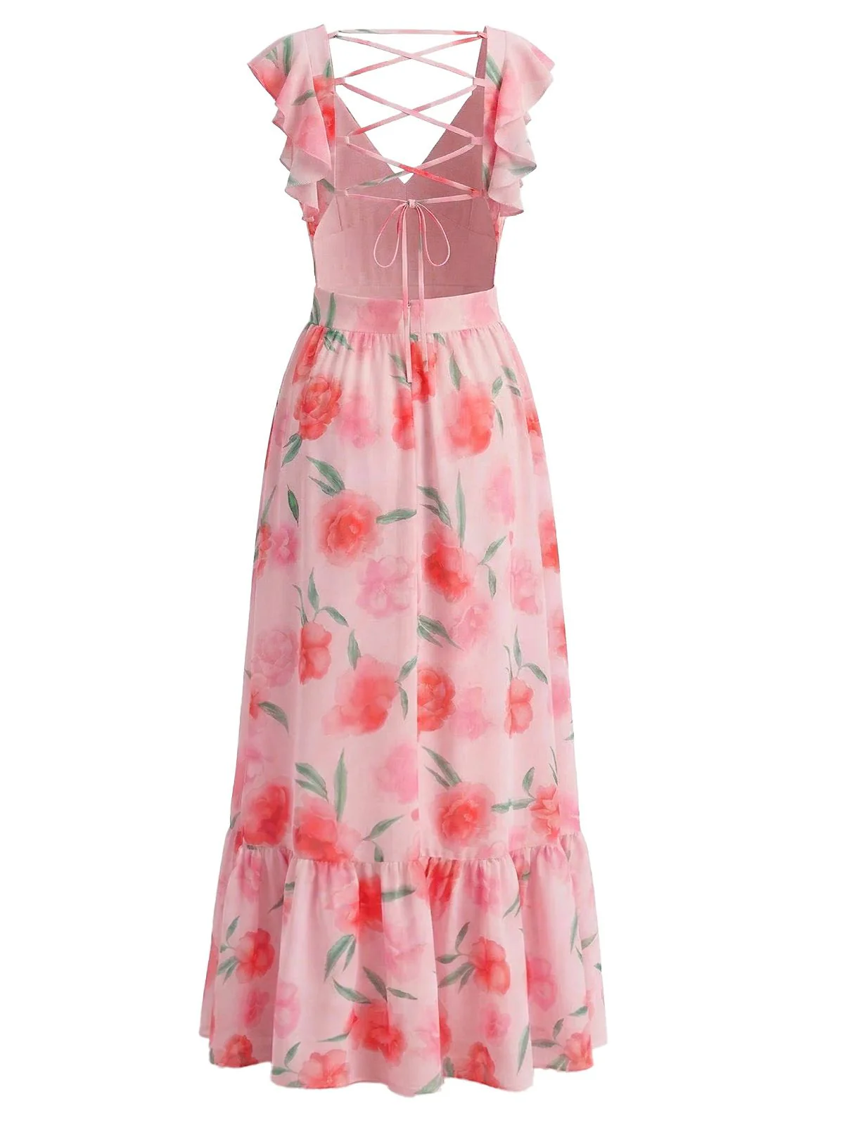 Pink 1930s Floral Chiffon Deep V Backless Maxi Dress - Image 3