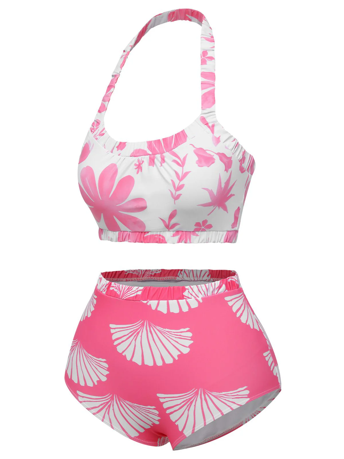 Pink 1930s Floral Elastic Gathers Halter Swimsuit - Image 2