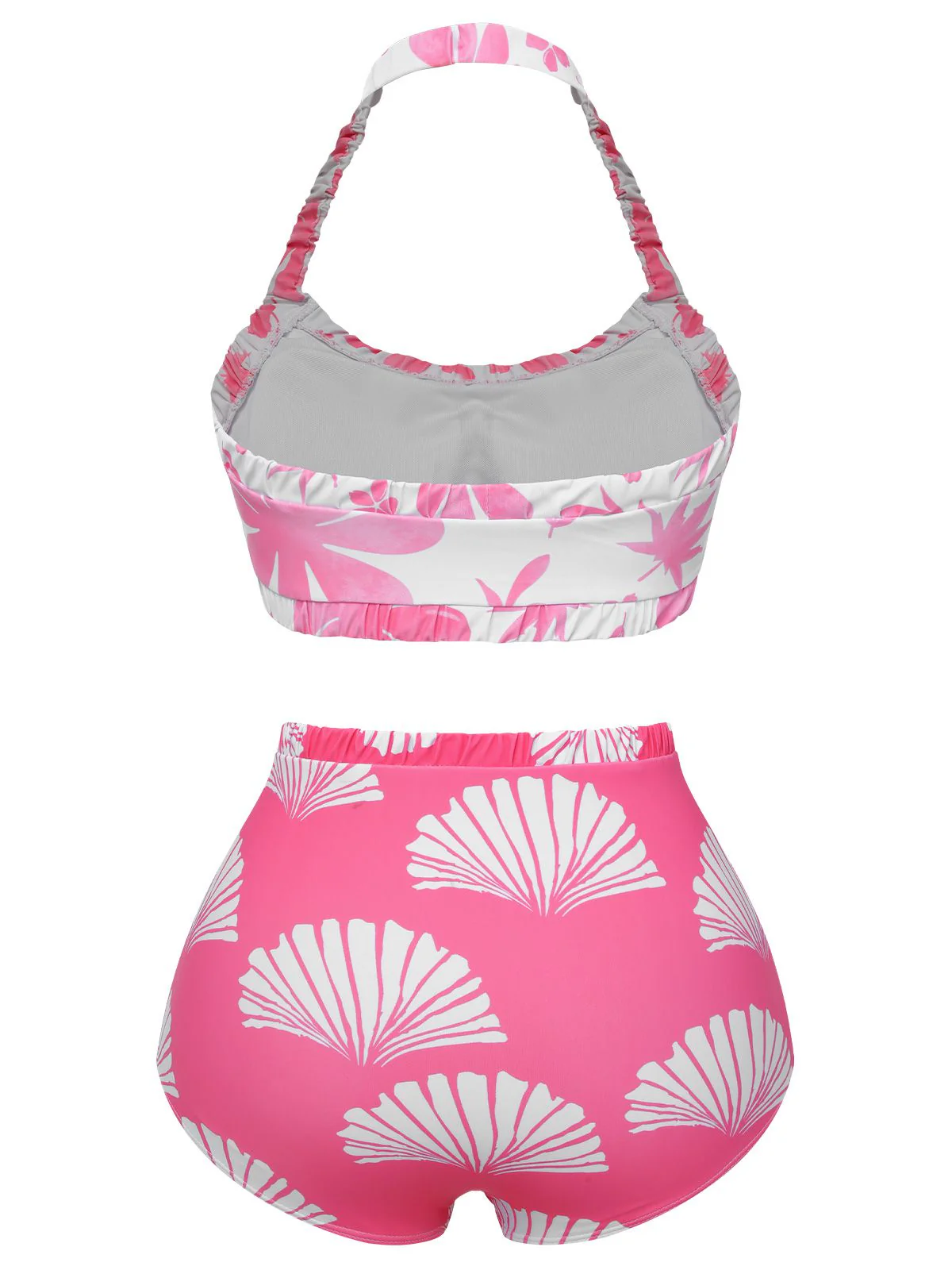 Pink 1930s Floral Elastic Gathers Halter Swimsuit - Image 3