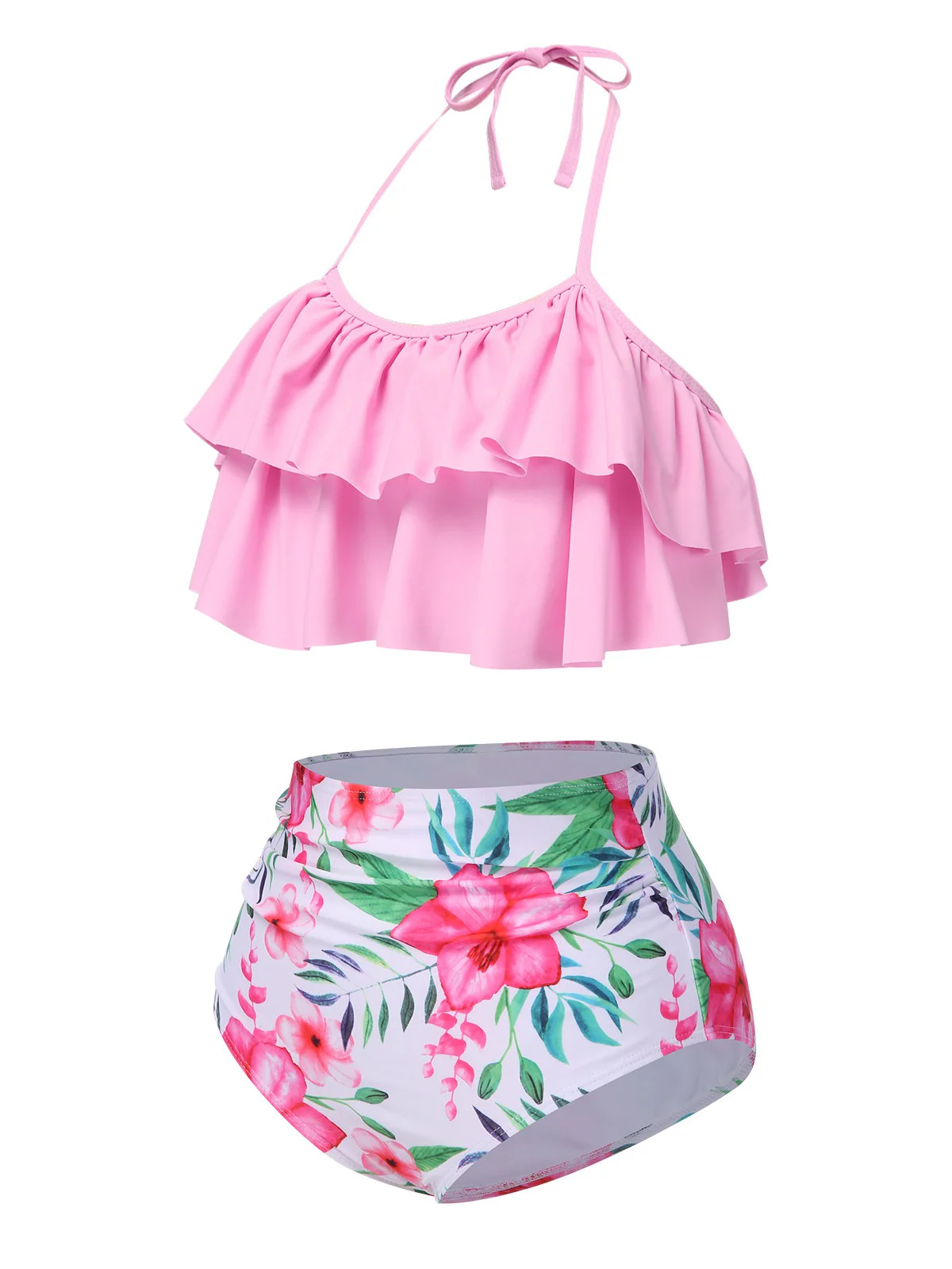 Pink 1930s Floral Ruffle Halter Swimsuit - Image 2