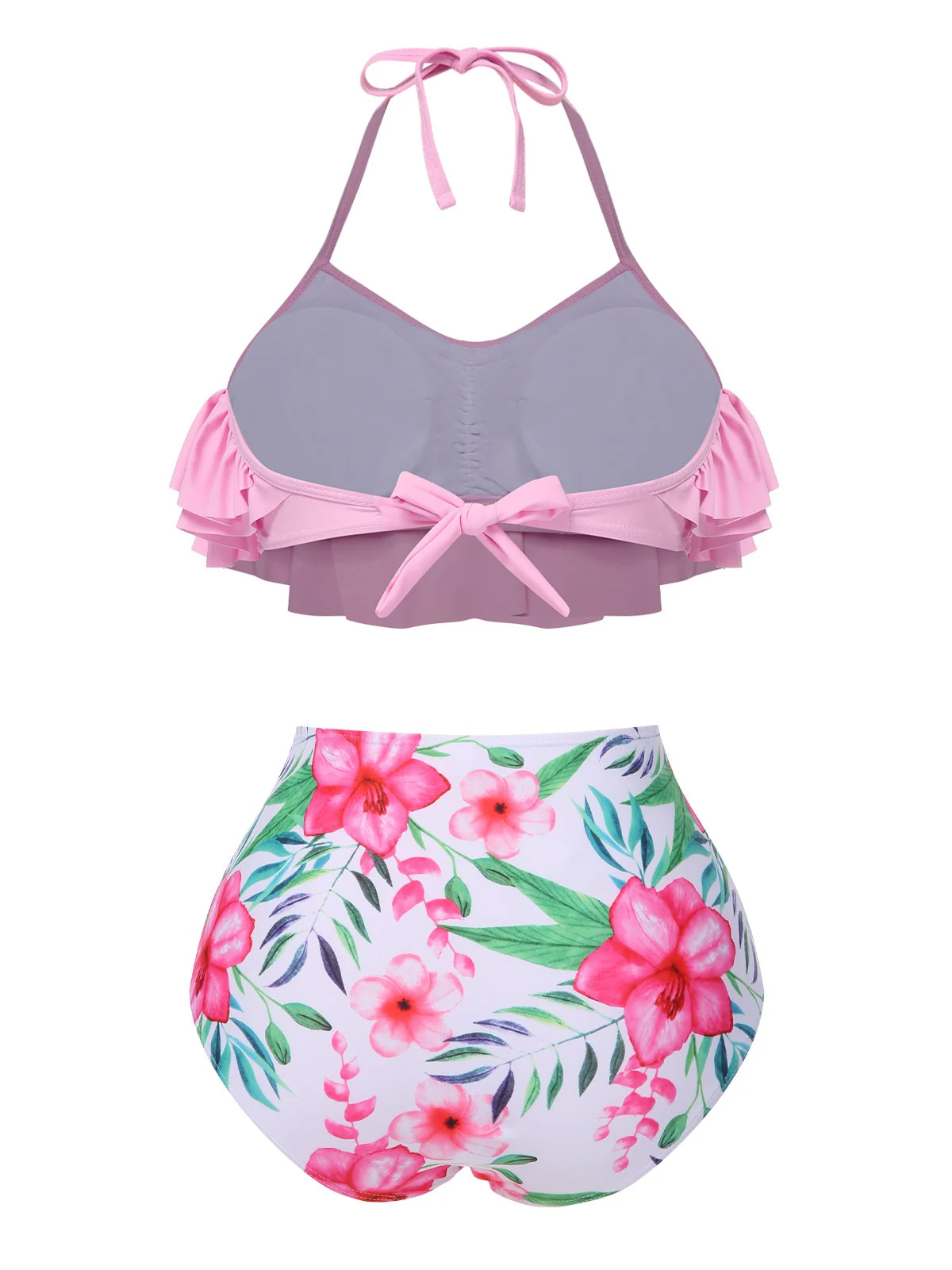 Pink 1930s Floral Ruffle Halter Swimsuit - Image 3