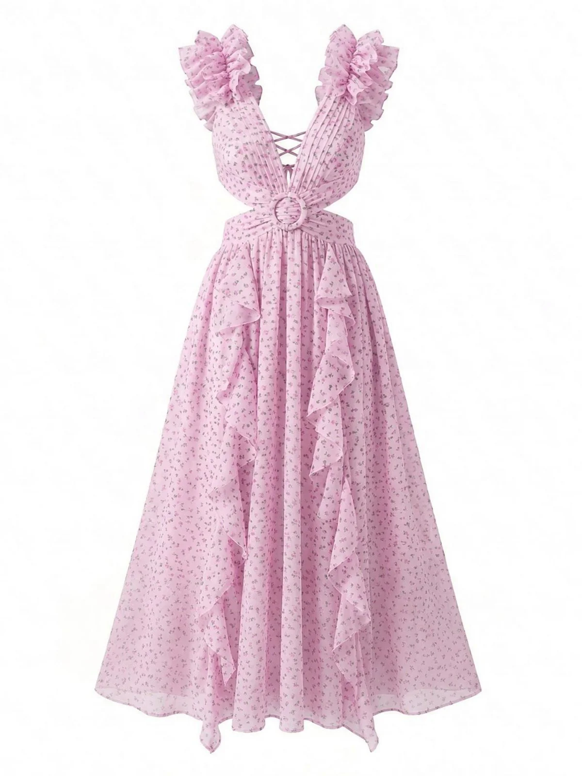 Pink 1930s Floral Ruffled Chiffon V-Neck Cutout Dress - Image 2