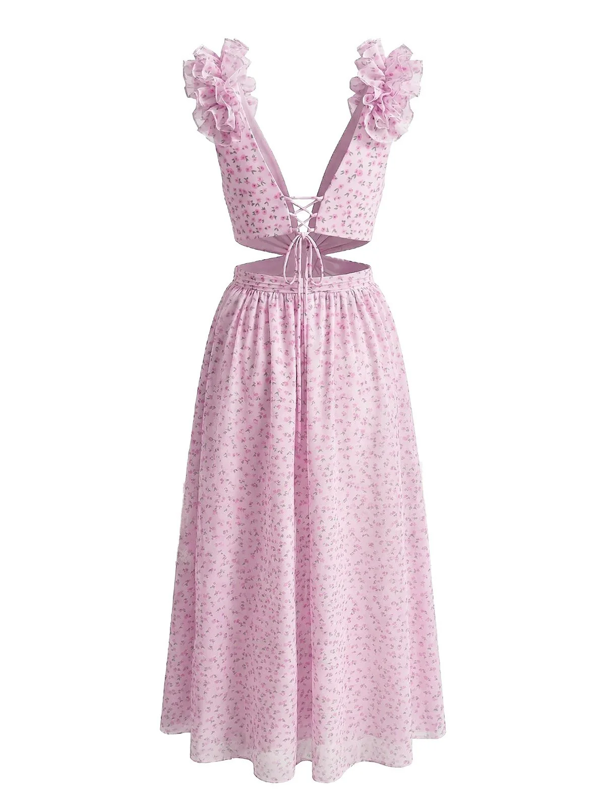 Pink 1930s Floral Ruffled Chiffon V-Neck Cutout Dress - Image 3