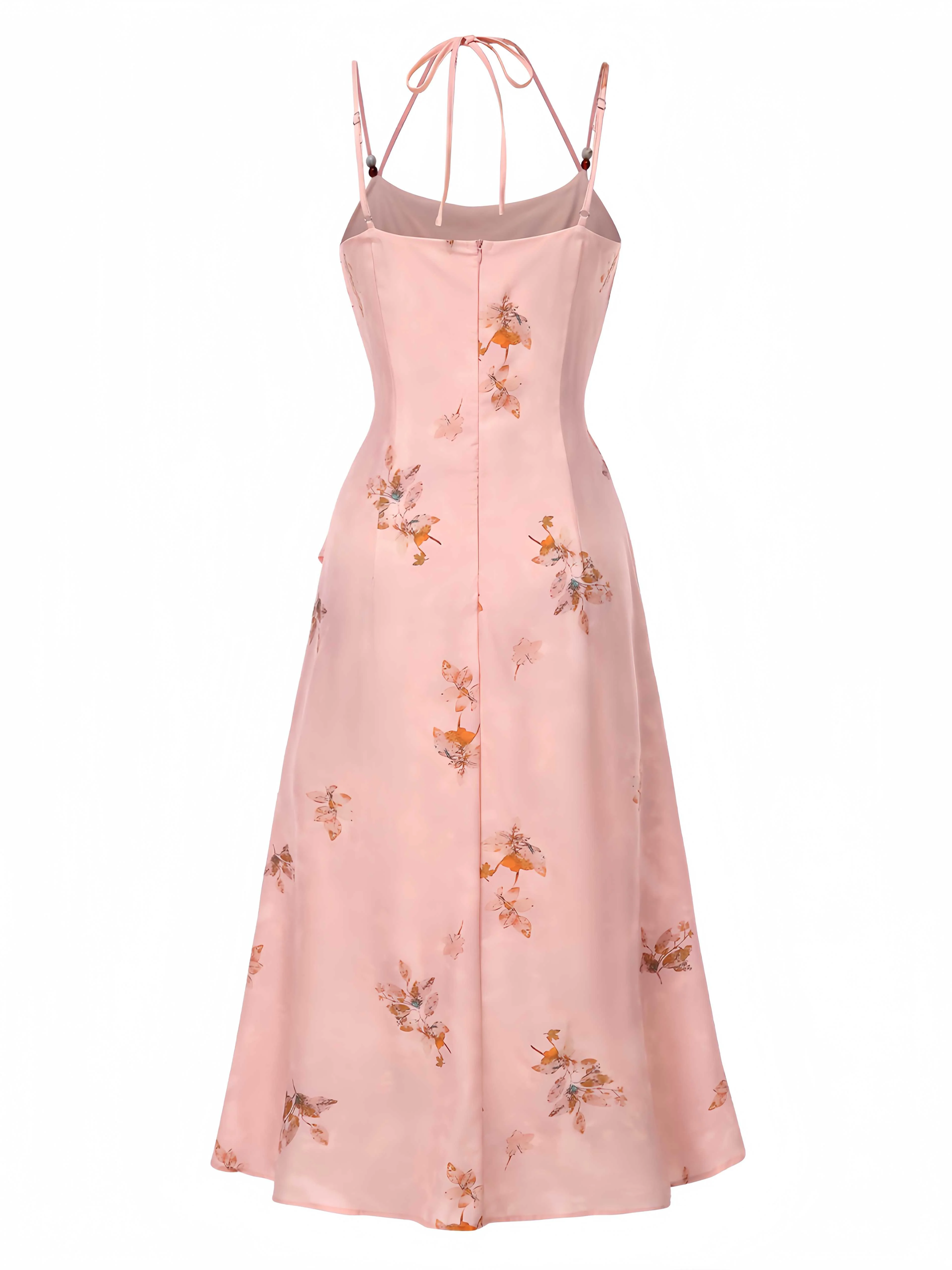 Pink 1930s Halter Strap Floral Satin Dress - Image 2