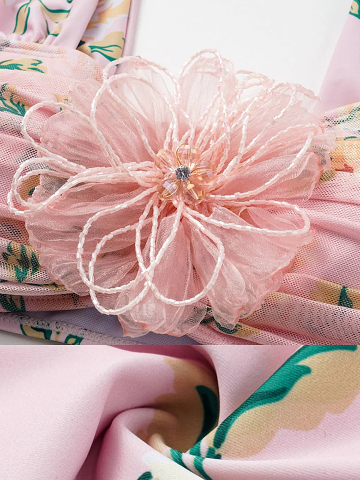 Pink 1930s Handmade 3D Flower Pleated Swimsuit - Image 3