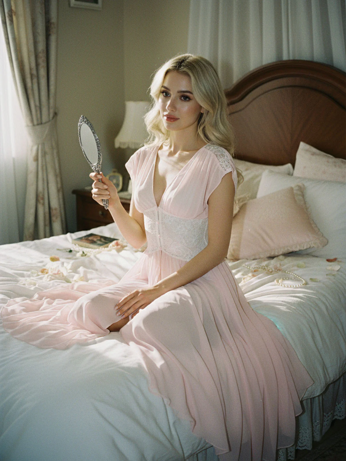 Pink 1930s Mesh Pleated Lace Waist Robe - Image 2