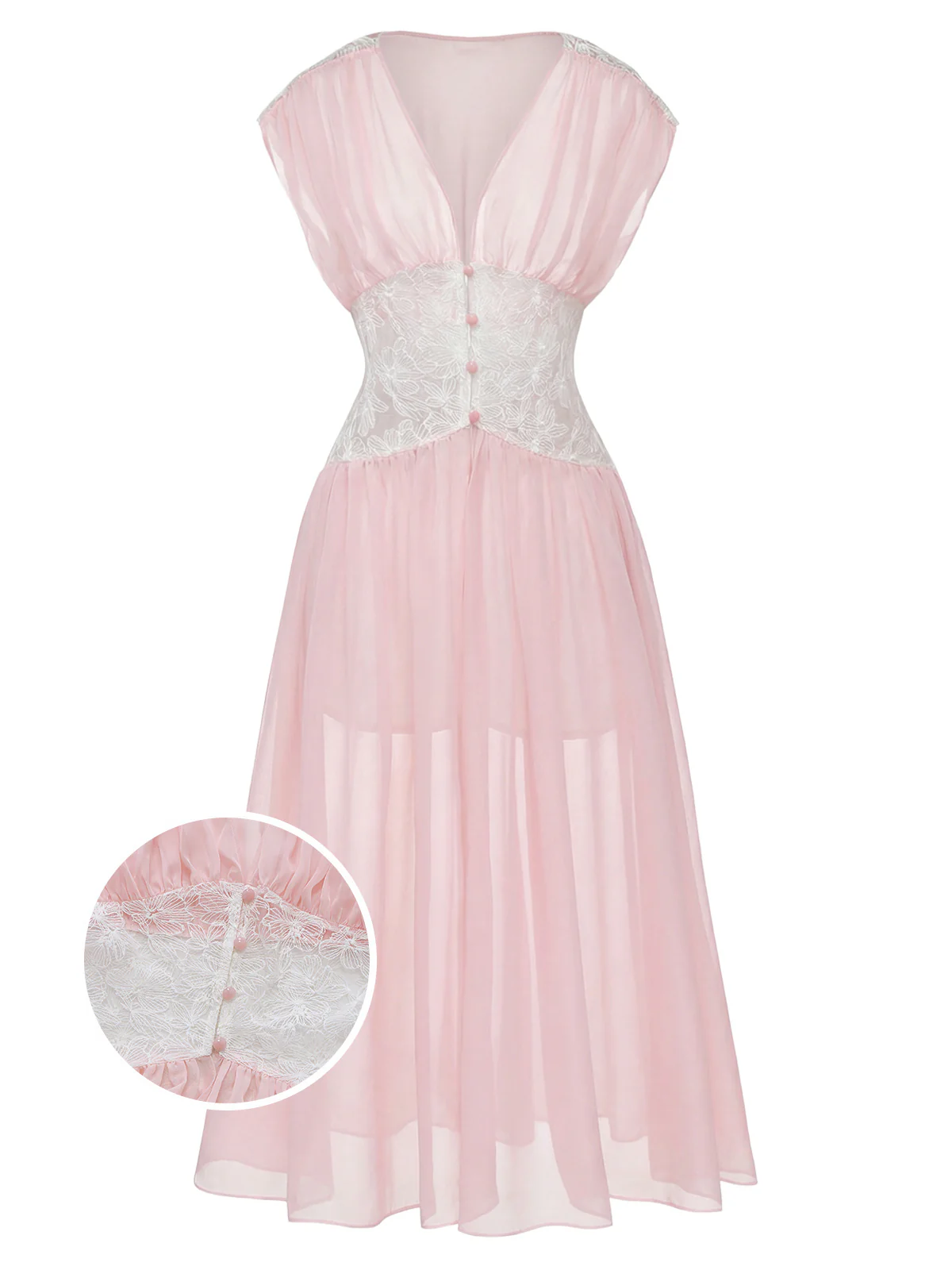 Pink 1930s Mesh Pleated Lace Waist Robe - Image 3