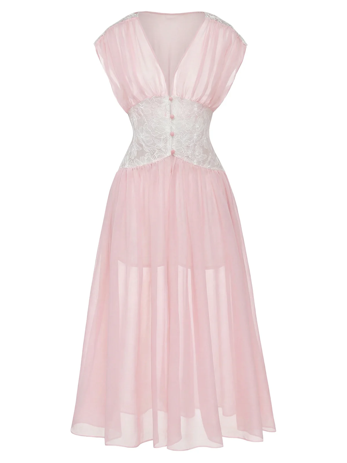 Pink 1930s Mesh Pleated Lace Waist Robe - Image 4