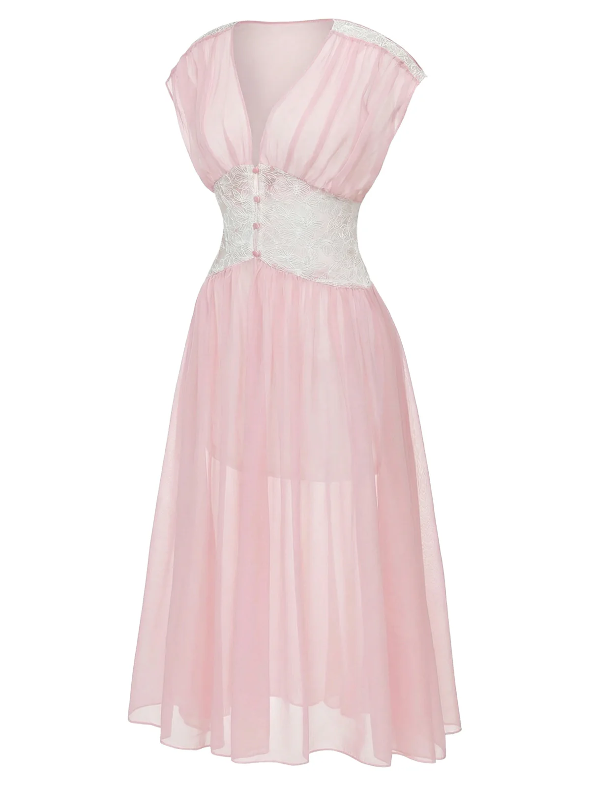 Pink 1930s Mesh Pleated Lace Waist Robe - Image 5
