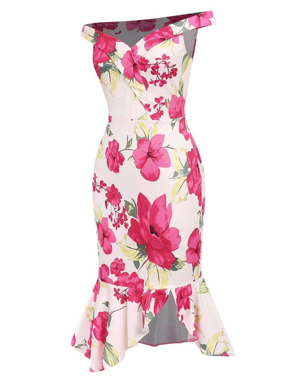 Pink 1930s Off-Shoulder Floral Mermaid Dress - Image 2