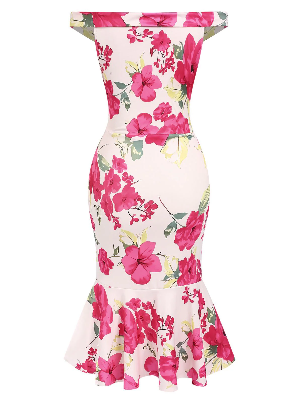 Pink 1930s Off-Shoulder Floral Mermaid Dress - Image 3