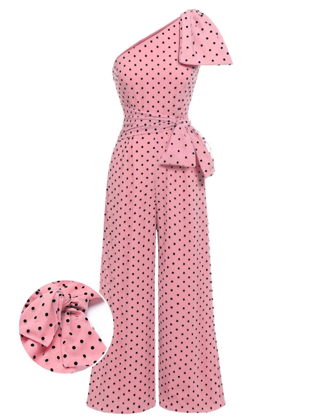 Pink 1930s Polka Dot One-shoulder Jumpsuit - Image 2