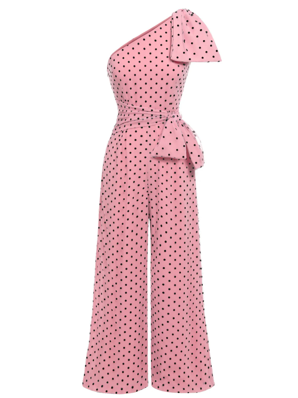 Pink 1930s Polka Dot One-shoulder Jumpsuit - Image 3