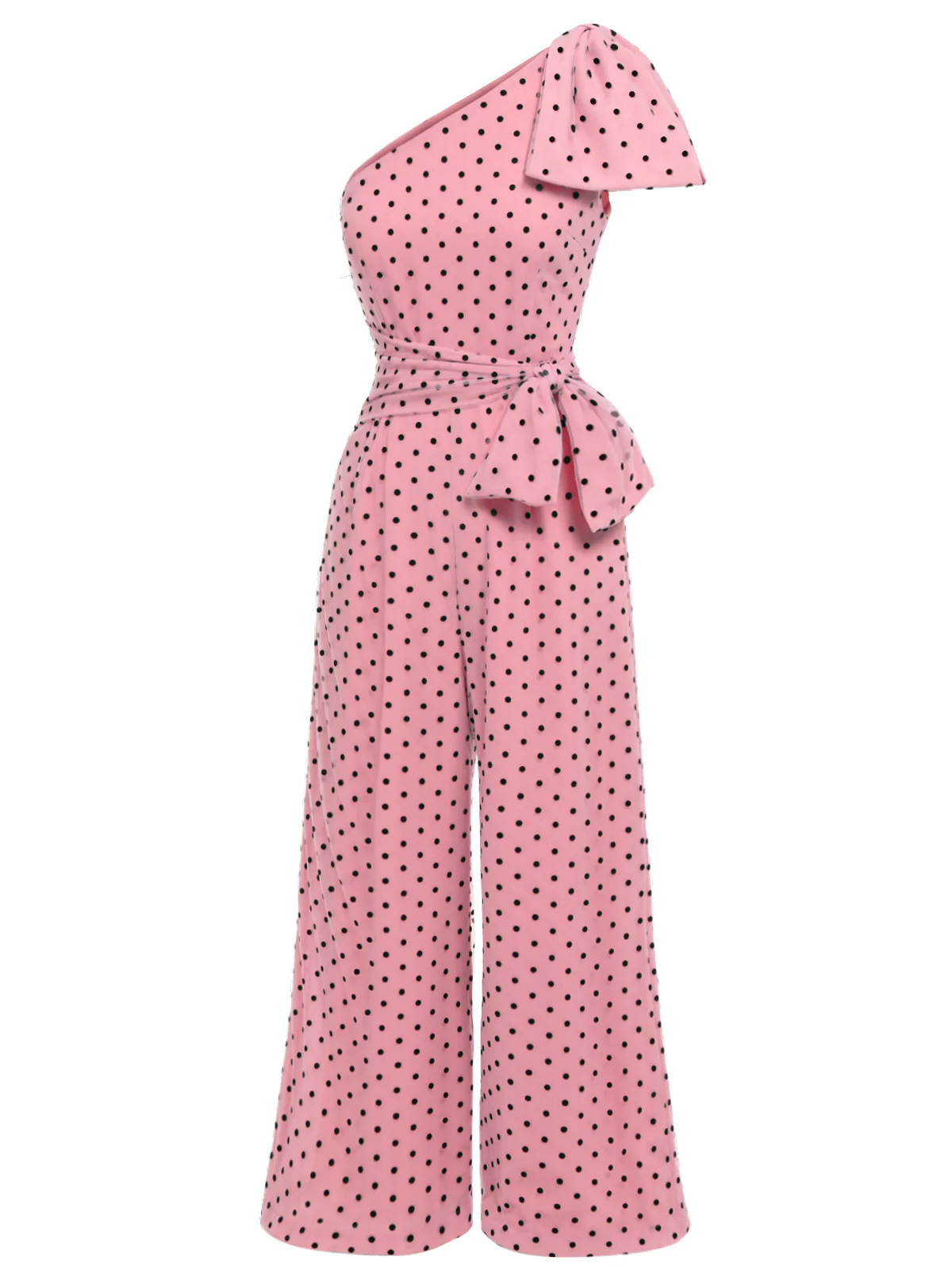 Pink 1930s Polka Dot One-shoulder Jumpsuit - Image 3