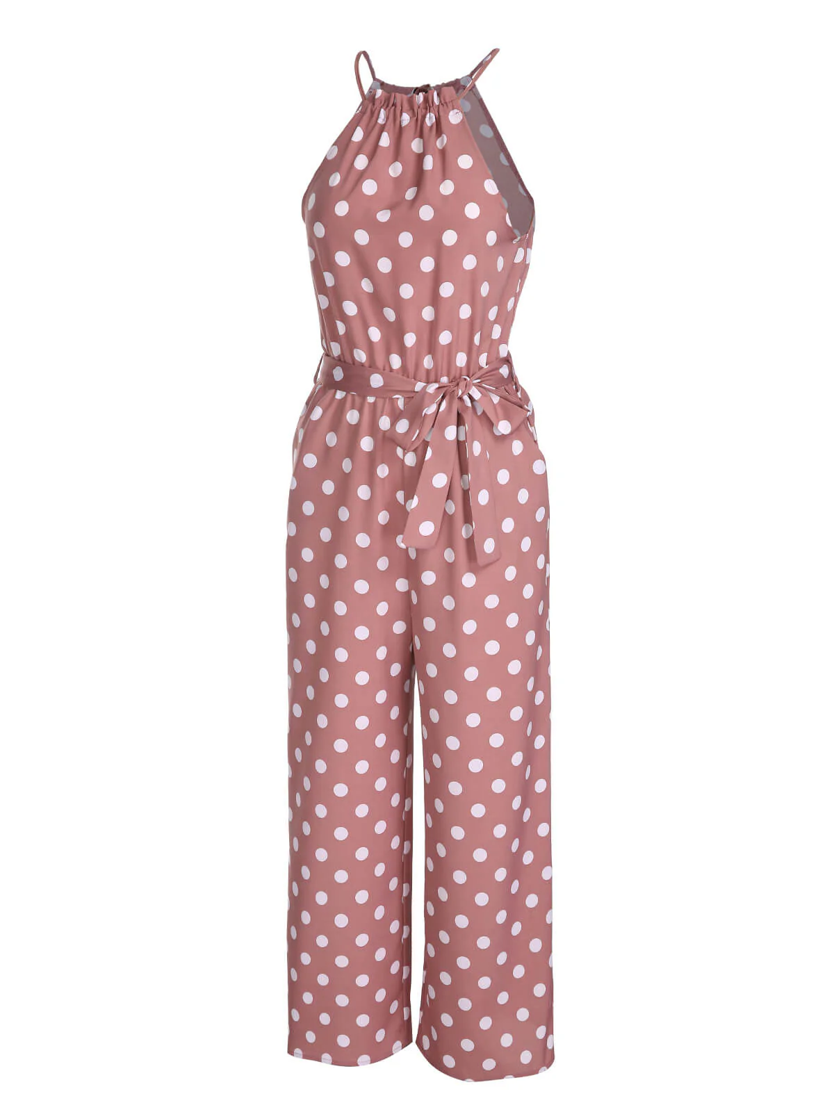 Pink 1930s Polka Dots Drawstring Halter Jumpsuit - Image 2