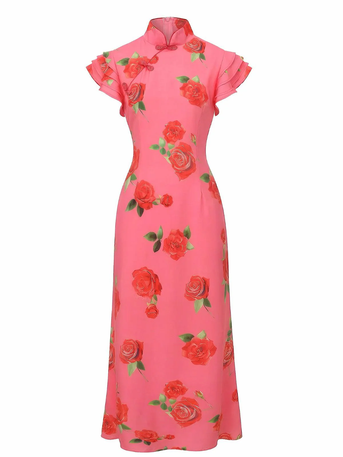 Pink 1930s Rose Ruffle-Sleeve High-Neck Maxi Dress - Image 2