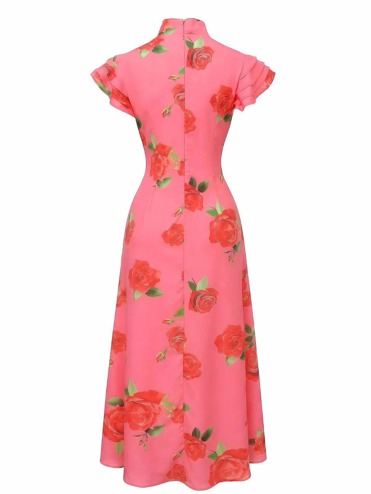 Pink 1930s Rose Ruffle-Sleeve High-Neck Maxi Dress - Image 3