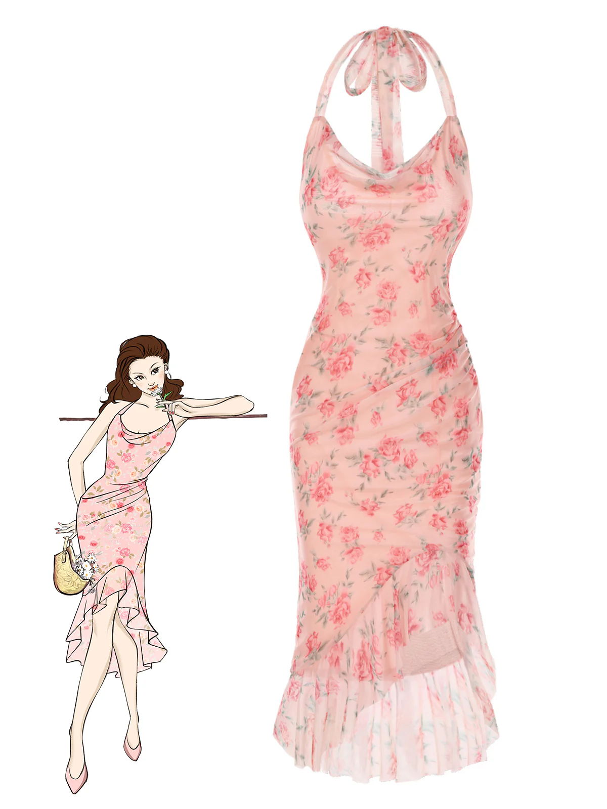Pink 1930s Rose Silk Mesh Mermaid Dress - Image 2