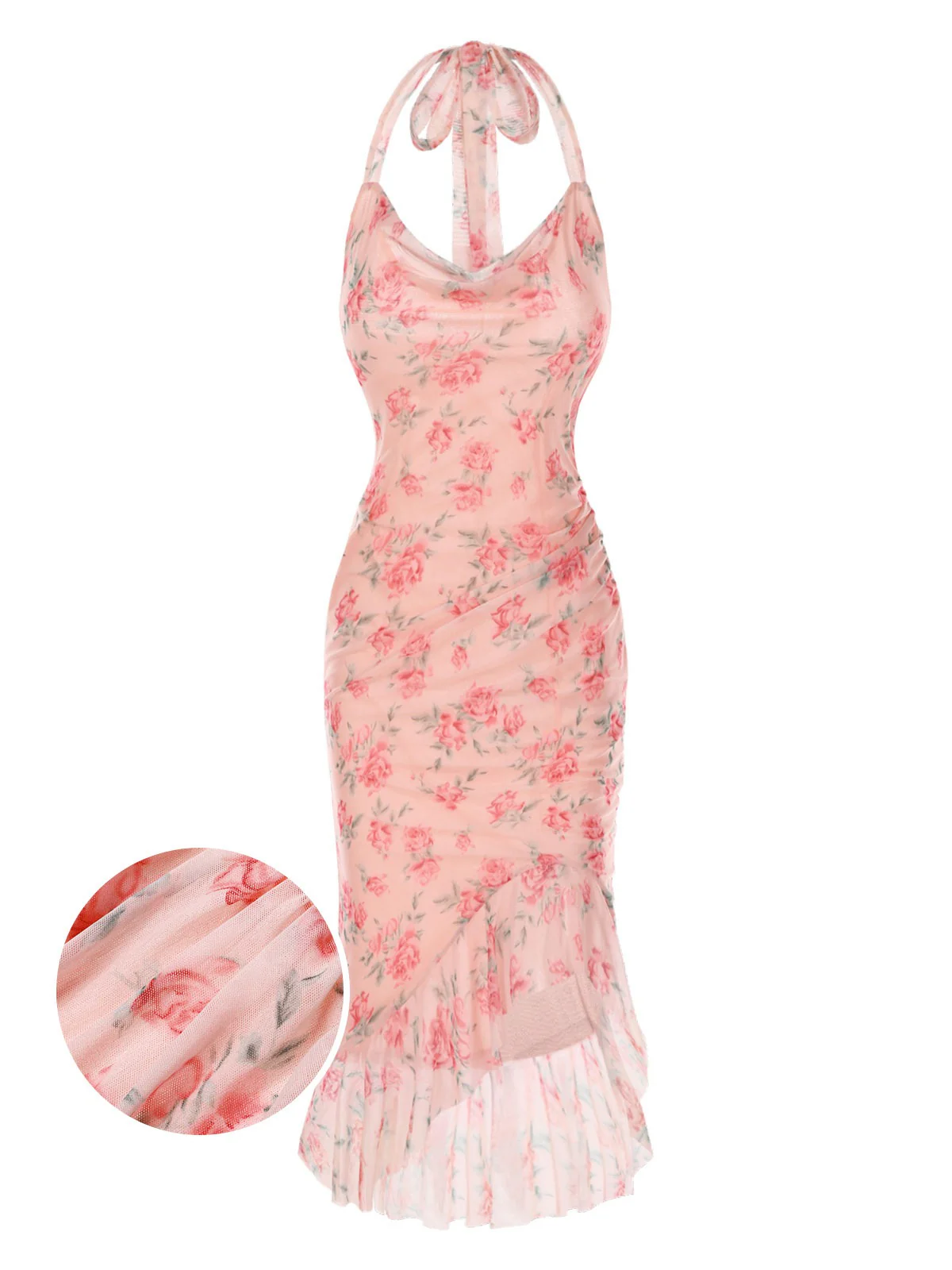 Pink 1930s Rose Silk Mesh Mermaid Dress - Image 3