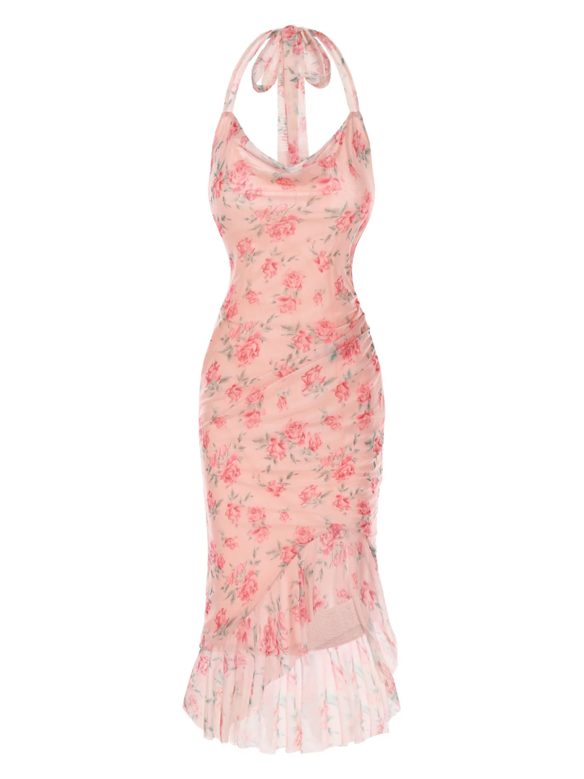 Pink 1930s Rose Silk Mesh Mermaid Dress - Image 4