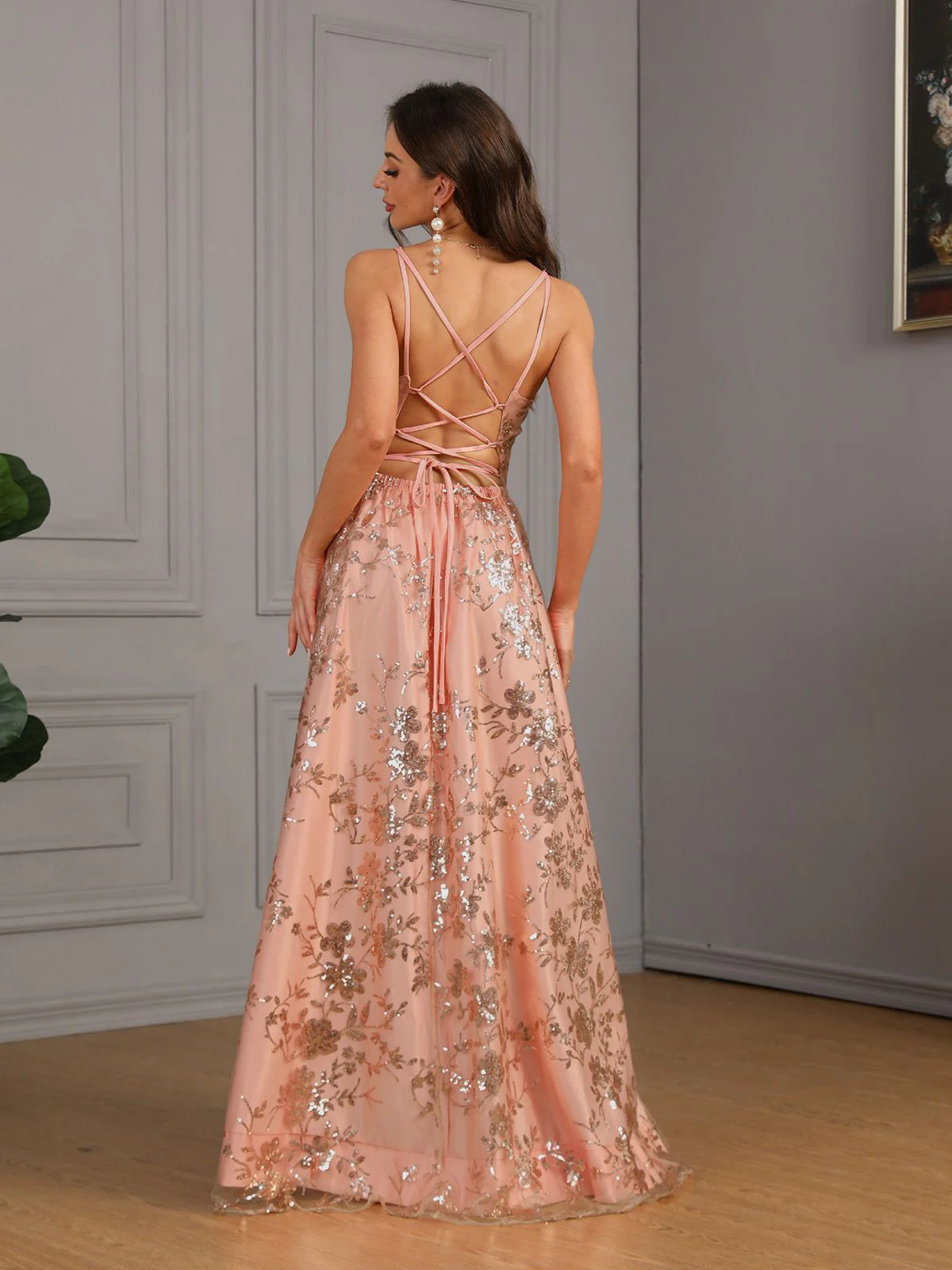 Pink 1930s Sequined Floral Mesh High Slit Dress - Image 2