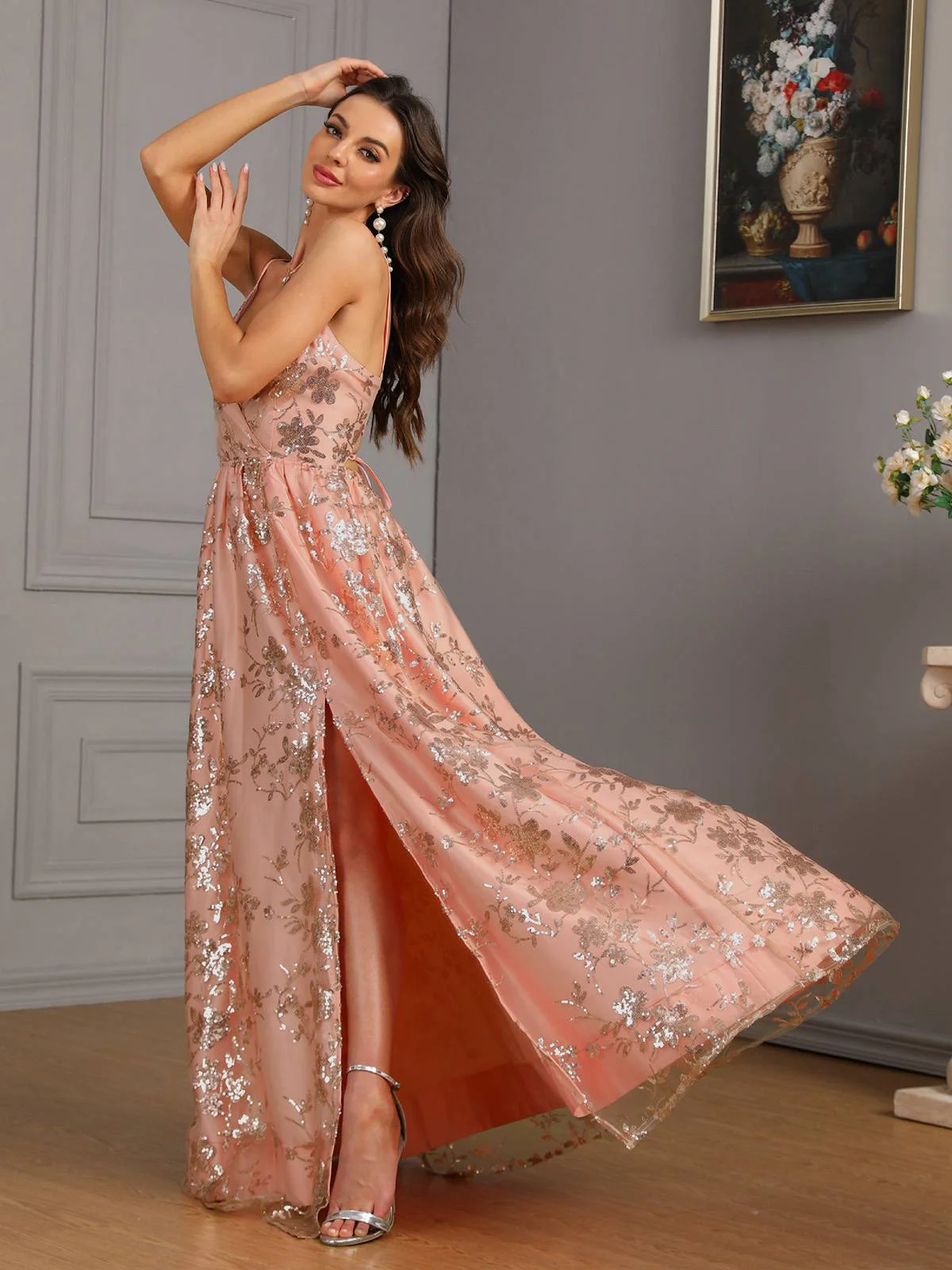 Pink 1930s Sequined Floral Mesh High Slit Dress - Image 3